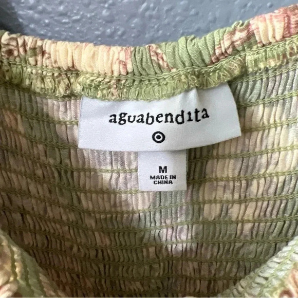 NWOT Aguabendita Floral Dress Women’s Sz MED 100% Rayon Green/Beige Tie Sleeves - Picture 8 of 9